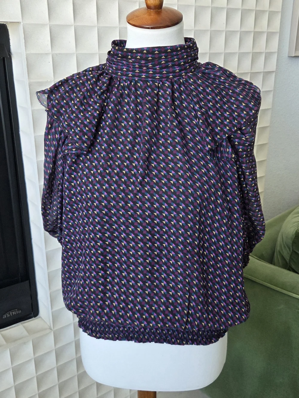 Ramy Brook Avelina Silk Top Navy Geometric Print Puff Sleeve Smocked Hem Large - Picture 3 of 9